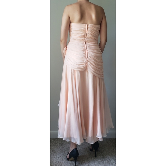 Vintage 80s Pink Pleated Ruched Formal High Low Midi Dress with Rose Detail - Picture 3 of 16